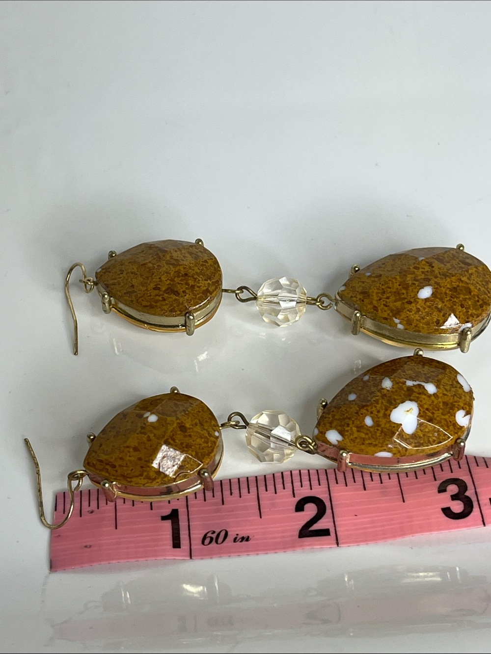 Gold-Tone Brown Stone 2-Sided Teardrop Crystal Dangle Earrings - Picture 7 of 8